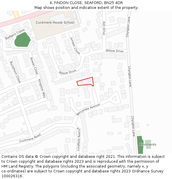 4, FINDON CLOSE, SEAFORD, BN25 4DR: Location map and indicative extent of plot