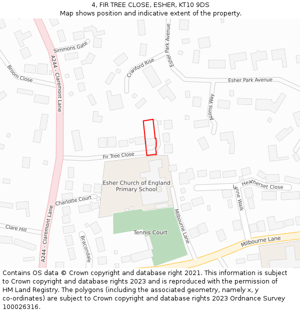 4, FIR TREE CLOSE, ESHER, KT10 9DS: Location map and indicative extent of plot