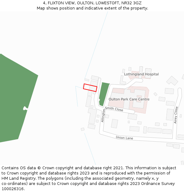 4, FLIXTON VIEW, OULTON, LOWESTOFT, NR32 3GZ: Location map and indicative extent of plot