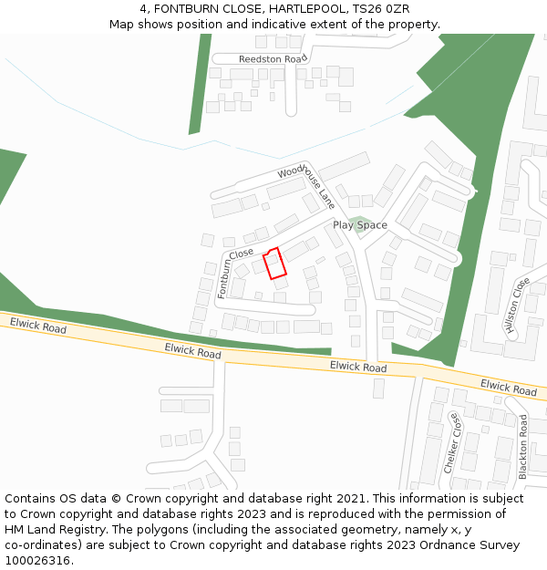 4, FONTBURN CLOSE, HARTLEPOOL, TS26 0ZR: Location map and indicative extent of plot