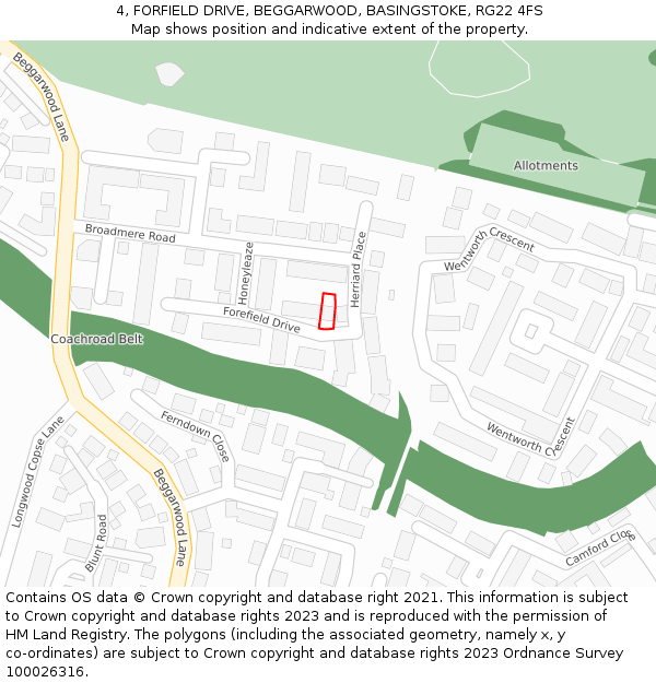 4, FORFIELD DRIVE, BEGGARWOOD, BASINGSTOKE, RG22 4FS: Location map and indicative extent of plot
