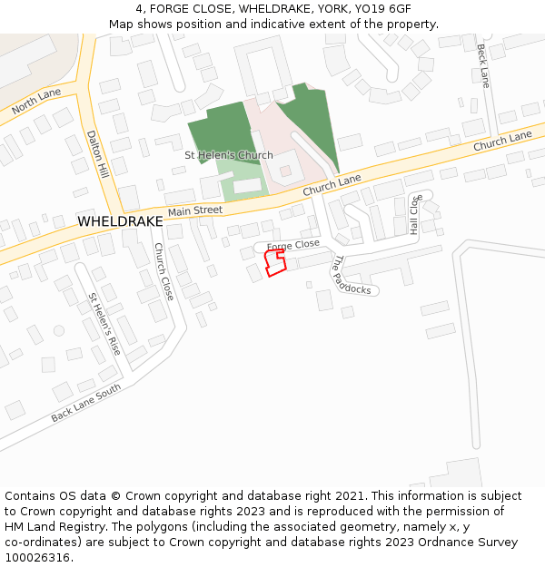 4, FORGE CLOSE, WHELDRAKE, YORK, YO19 6GF: Location map and indicative extent of plot