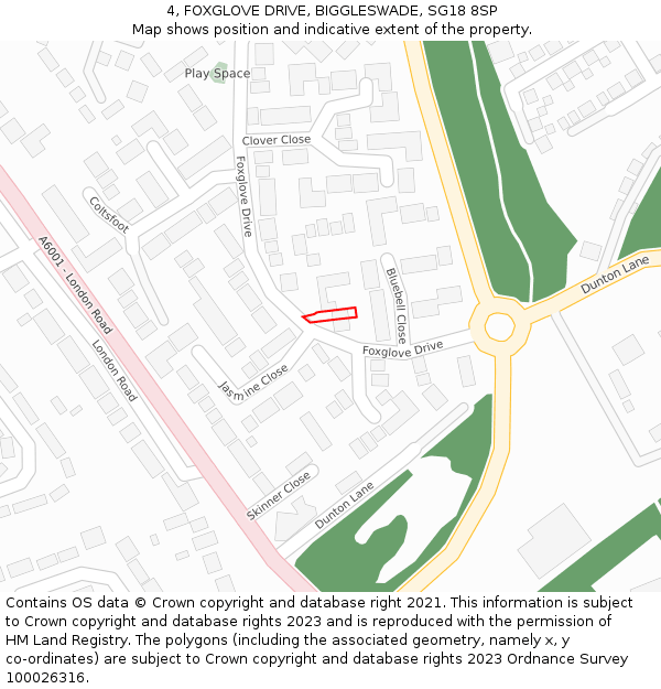 4, FOXGLOVE DRIVE, BIGGLESWADE, SG18 8SP: Location map and indicative extent of plot