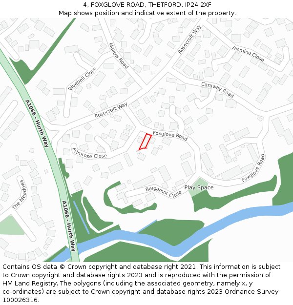4, FOXGLOVE ROAD, THETFORD, IP24 2XF: Location map and indicative extent of plot
