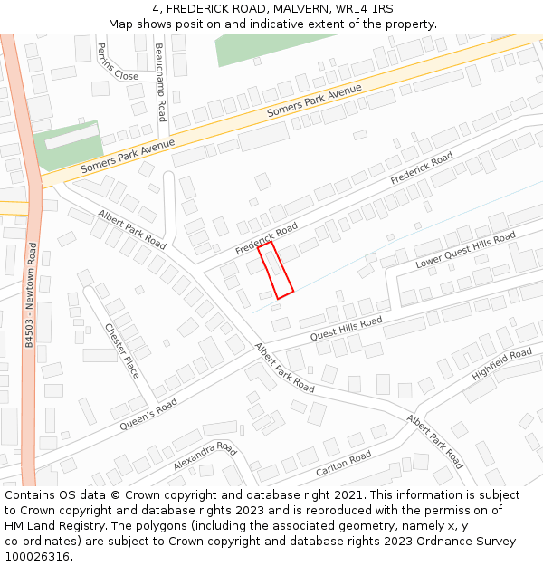 4, FREDERICK ROAD, MALVERN, WR14 1RS: Location map and indicative extent of plot