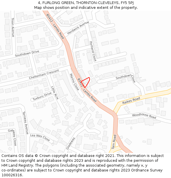 4, FURLONG GREEN, THORNTON-CLEVELEYS, FY5 5PJ: Location map and indicative extent of plot