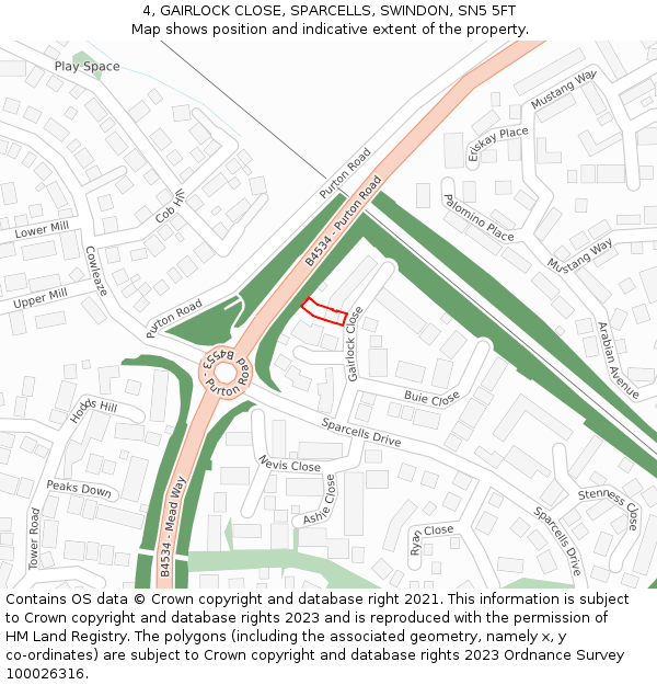 4, GAIRLOCK CLOSE, SPARCELLS, SWINDON, SN5 5FT: Location map and indicative extent of plot