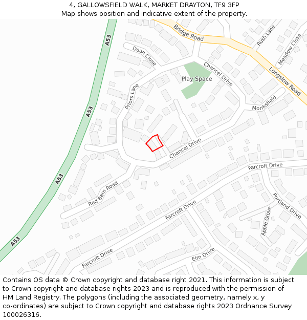 4, GALLOWSFIELD WALK, MARKET DRAYTON, TF9 3FP: Location map and indicative extent of plot