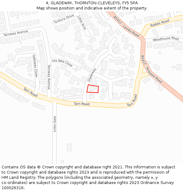 4, GLADEWAY, THORNTON-CLEVELEYS, FY5 5PA: Location map and indicative extent of plot