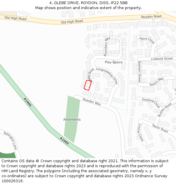 4, GLEBE DRIVE, ROYDON, DISS, IP22 5BB: Location map and indicative extent of plot