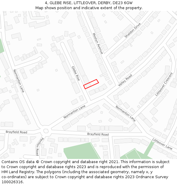 4, GLEBE RISE, LITTLEOVER, DERBY, DE23 6GW: Location map and indicative extent of plot
