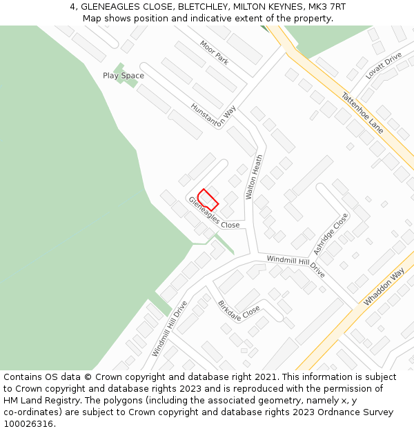 4, GLENEAGLES CLOSE, BLETCHLEY, MILTON KEYNES, MK3 7RT: Location map and indicative extent of plot