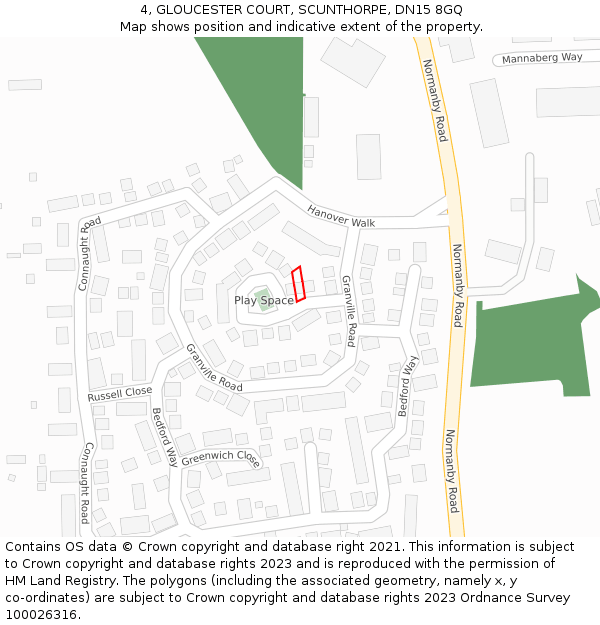 4, GLOUCESTER COURT, SCUNTHORPE, DN15 8GQ: Location map and indicative extent of plot