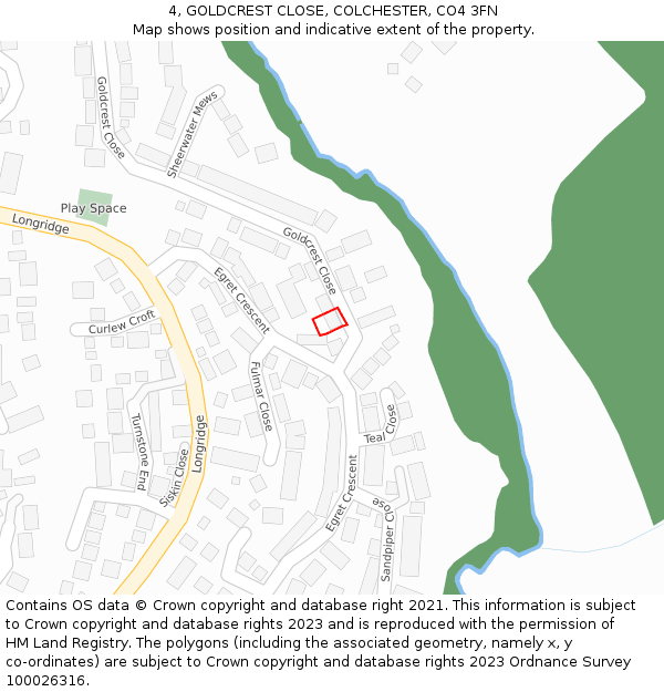 4, GOLDCREST CLOSE, COLCHESTER, CO4 3FN: Location map and indicative extent of plot