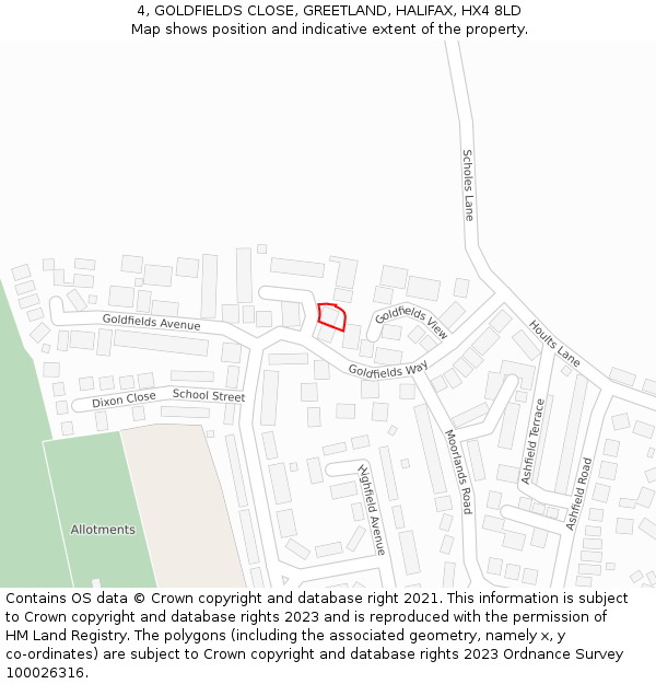4, GOLDFIELDS CLOSE, GREETLAND, HALIFAX, HX4 8LD: Location map and indicative extent of plot
