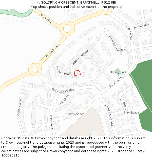 4, GOLDFINCH CRESCENT, BRACKNELL, RG12 8BJ: Location map and indicative extent of plot