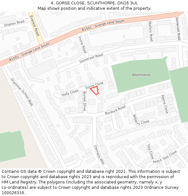 4, GORSE CLOSE, SCUNTHORPE, DN16 3UL: Location map and indicative extent of plot