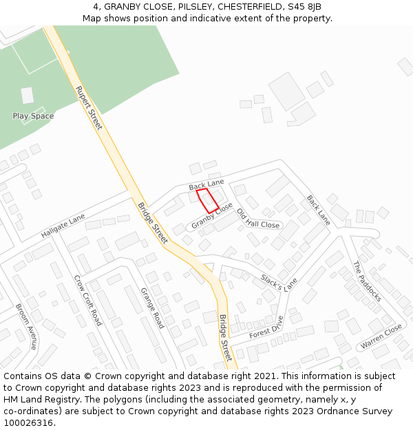 4, GRANBY CLOSE, PILSLEY, CHESTERFIELD, S45 8JB: Location map and indicative extent of plot