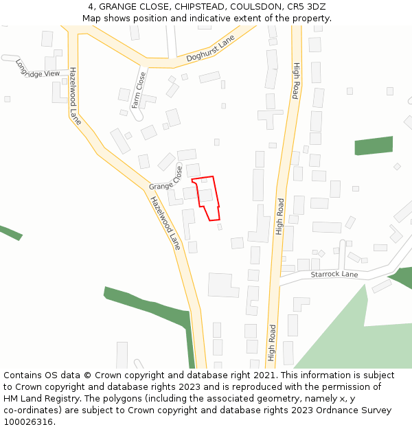 4, GRANGE CLOSE, CHIPSTEAD, COULSDON, CR5 3DZ: Location map and indicative extent of plot