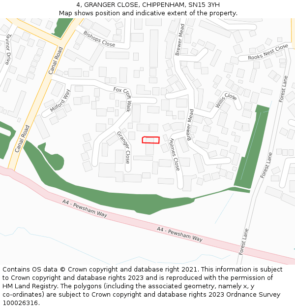 4, GRANGER CLOSE, CHIPPENHAM, SN15 3YH: Location map and indicative extent of plot