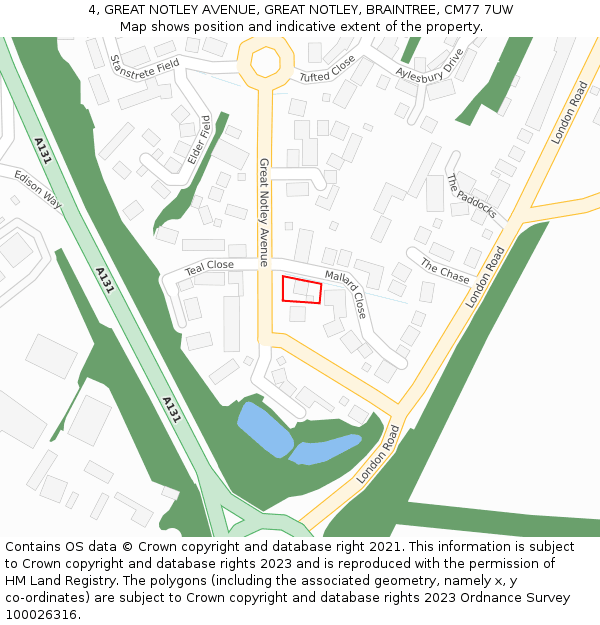4, GREAT NOTLEY AVENUE, GREAT NOTLEY, BRAINTREE, CM77 7UW: Location map and indicative extent of plot