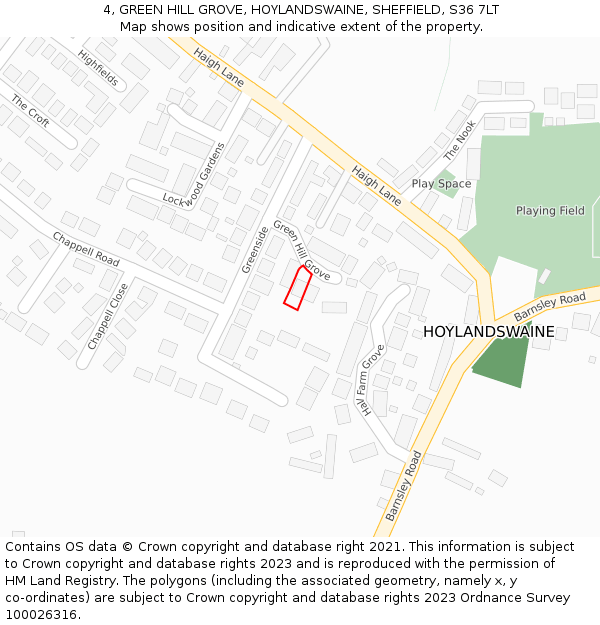 4, GREEN HILL GROVE, HOYLANDSWAINE, SHEFFIELD, S36 7LT: Location map and indicative extent of plot