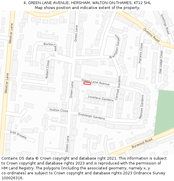 4, GREEN LANE AVENUE, HERSHAM, WALTON-ON-THAMES, KT12 5HL: Location map and indicative extent of plot