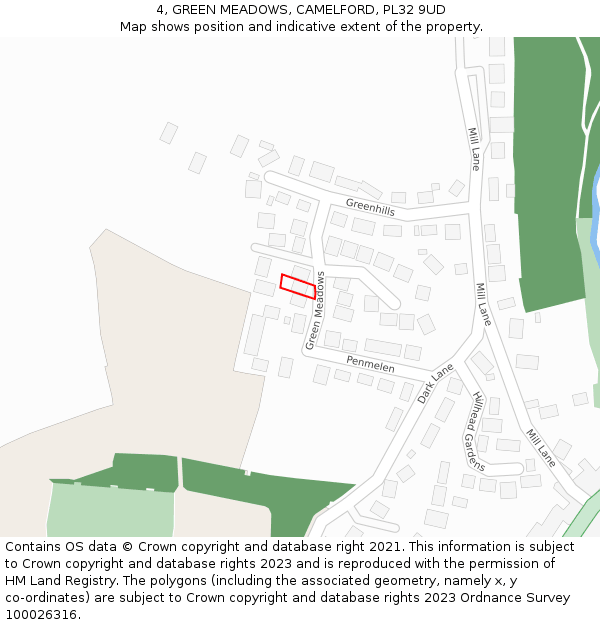4, GREEN MEADOWS, CAMELFORD, PL32 9UD: Location map and indicative extent of plot