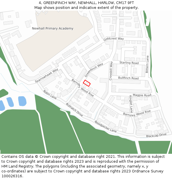 4, GREENFINCH WAY, NEWHALL, HARLOW, CM17 9FT: Location map and indicative extent of plot