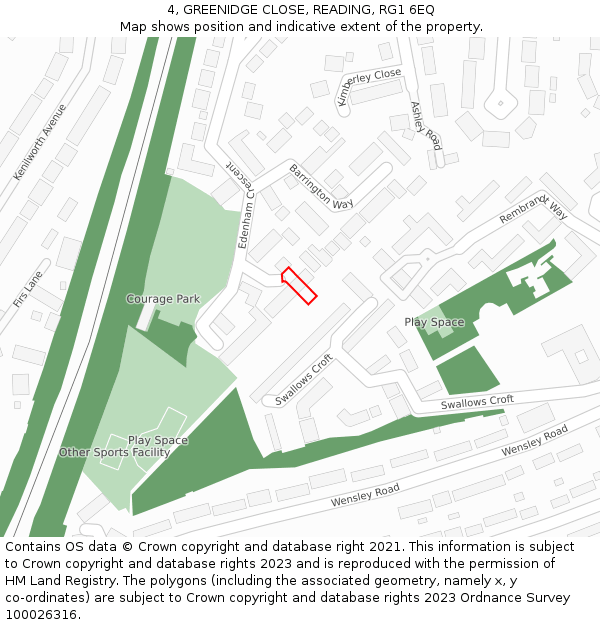 4, GREENIDGE CLOSE, READING, RG1 6EQ: Location map and indicative extent of plot