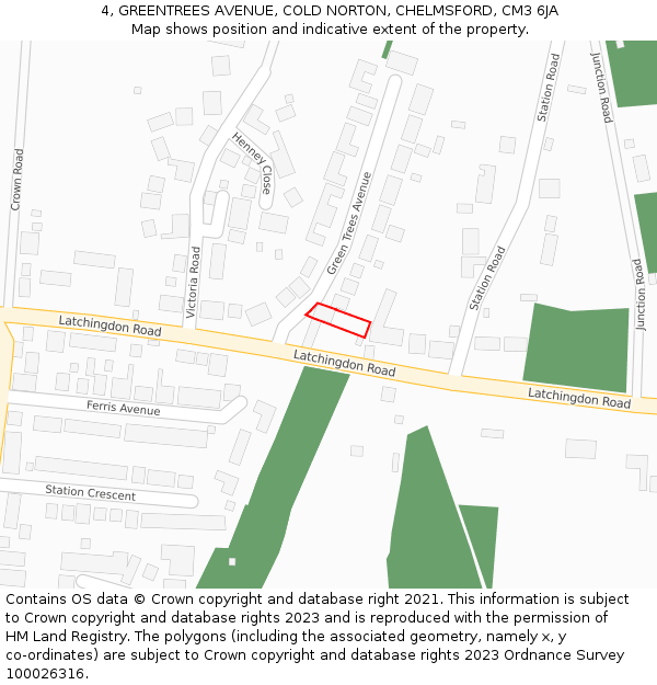 4, GREENTREES AVENUE, COLD NORTON, CHELMSFORD, CM3 6JA: Location map and indicative extent of plot