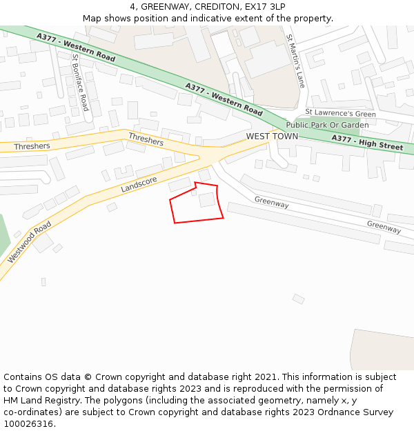 4, GREENWAY, CREDITON, EX17 3LP: Location map and indicative extent of plot