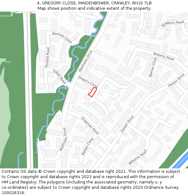 4, GREGORY CLOSE, MAIDENBOWER, CRAWLEY, RH10 7LB: Location map and indicative extent of plot
