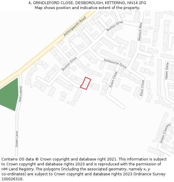 4, GRINDLEFORD CLOSE, DESBOROUGH, KETTERING, NN14 2FG: Location map and indicative extent of plot