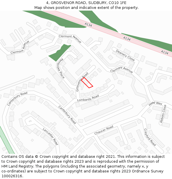 4, GROSVENOR ROAD, SUDBURY, CO10 1FE: Location map and indicative extent of plot