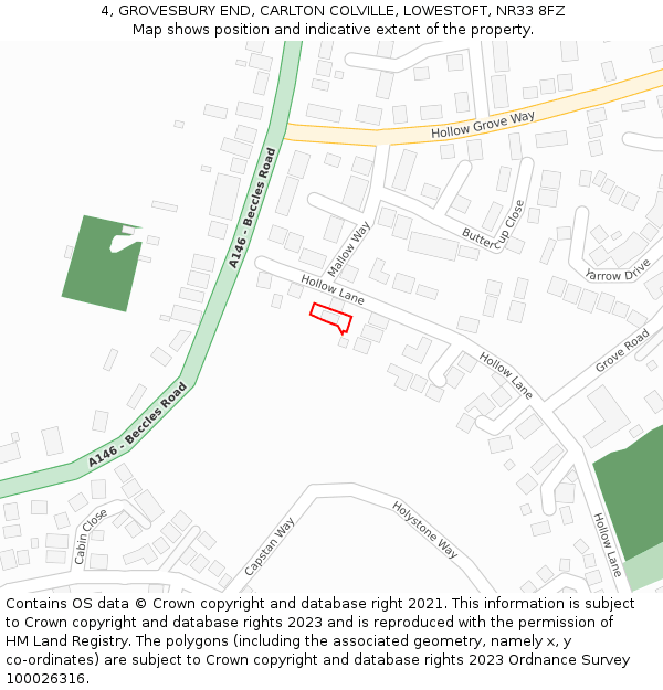 4, GROVESBURY END, CARLTON COLVILLE, LOWESTOFT, NR33 8FZ: Location map and indicative extent of plot