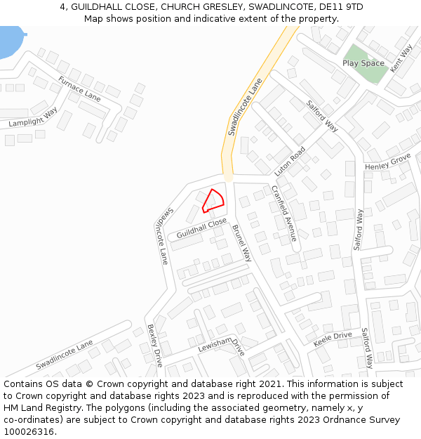4, GUILDHALL CLOSE, CHURCH GRESLEY, SWADLINCOTE, DE11 9TD: Location map and indicative extent of plot