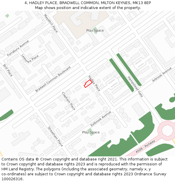4, HADLEY PLACE, BRADWELL COMMON, MILTON KEYNES, MK13 8EP: Location map and indicative extent of plot