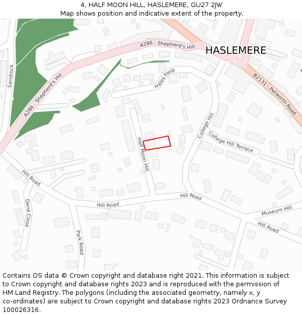 4, HALF MOON HILL, HASLEMERE, GU27 2JW: Location map and indicative extent of plot