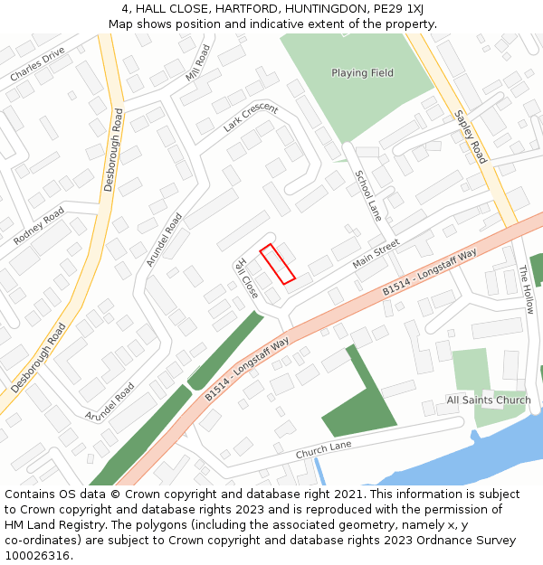 4, HALL CLOSE, HARTFORD, HUNTINGDON, PE29 1XJ: Location map and indicative extent of plot