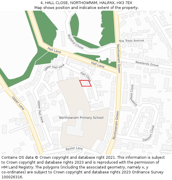 4, HALL CLOSE, NORTHOWRAM, HALIFAX, HX3 7EX: Location map and indicative extent of plot