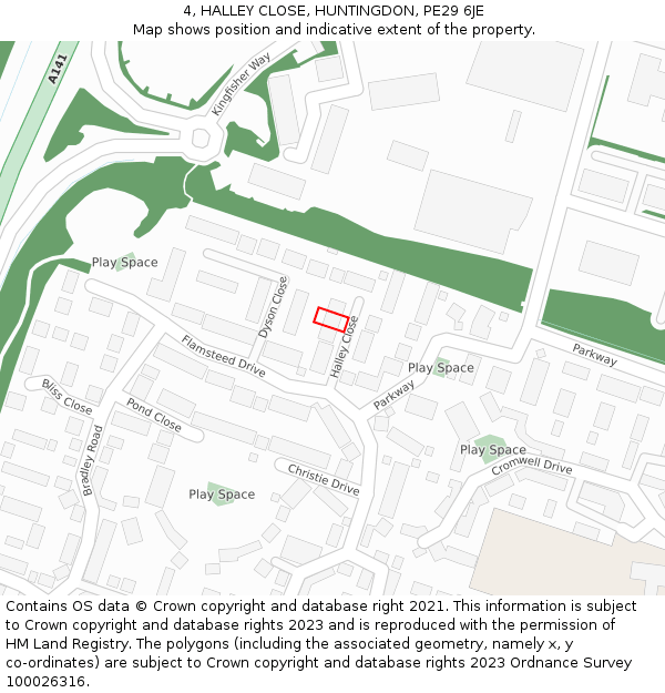 4, HALLEY CLOSE, HUNTINGDON, PE29 6JE: Location map and indicative extent of plot