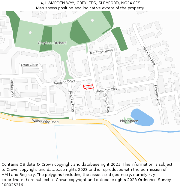 4, HAMPDEN WAY, GREYLEES, SLEAFORD, NG34 8FS: Location map and indicative extent of plot