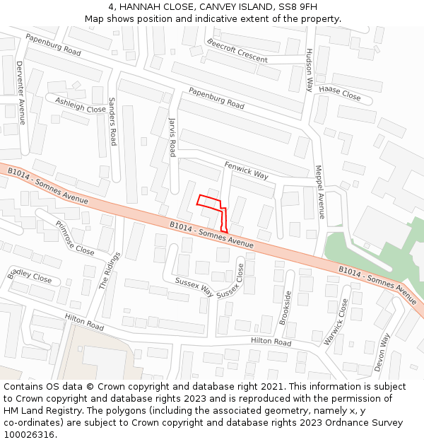 4, HANNAH CLOSE, CANVEY ISLAND, SS8 9FH: Location map and indicative extent of plot