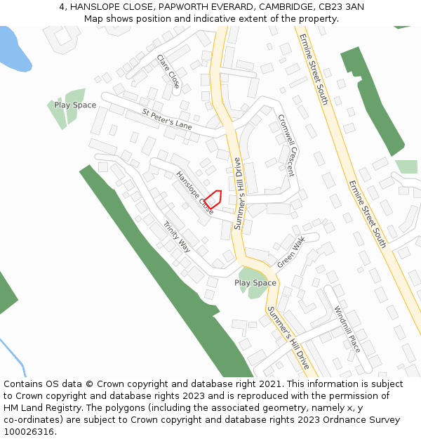 4, HANSLOPE CLOSE, PAPWORTH EVERARD, CAMBRIDGE, CB23 3AN: Location map and indicative extent of plot