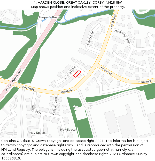 4, HARDEN CLOSE, GREAT OAKLEY, CORBY, NN18 8JW: Location map and indicative extent of plot