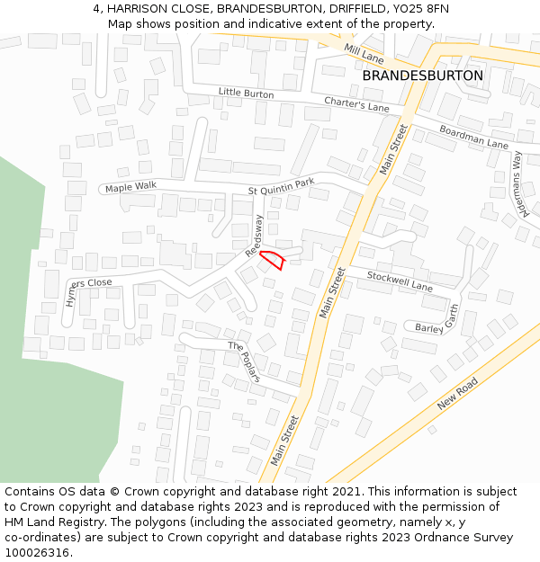 4, HARRISON CLOSE, BRANDESBURTON, DRIFFIELD, YO25 8FN: Location map and indicative extent of plot