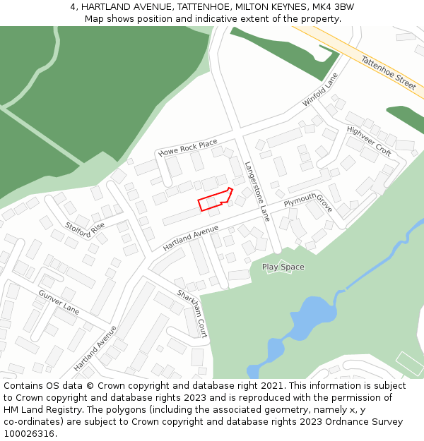 4, HARTLAND AVENUE, TATTENHOE, MILTON KEYNES, MK4 3BW: Location map and indicative extent of plot