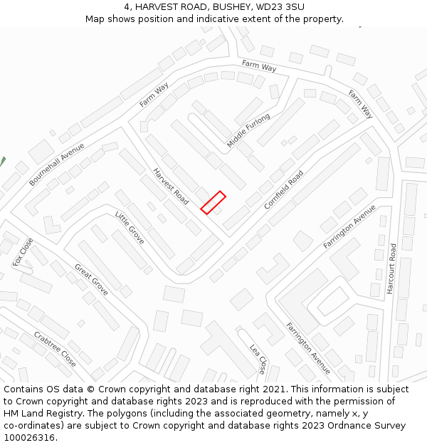 4, HARVEST ROAD, BUSHEY, WD23 3SU: Location map and indicative extent of plot