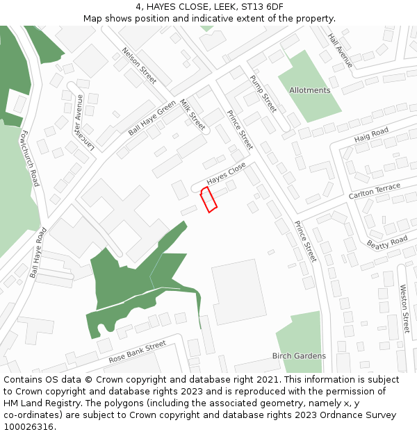 4, HAYES CLOSE, LEEK, ST13 6DF: Location map and indicative extent of plot